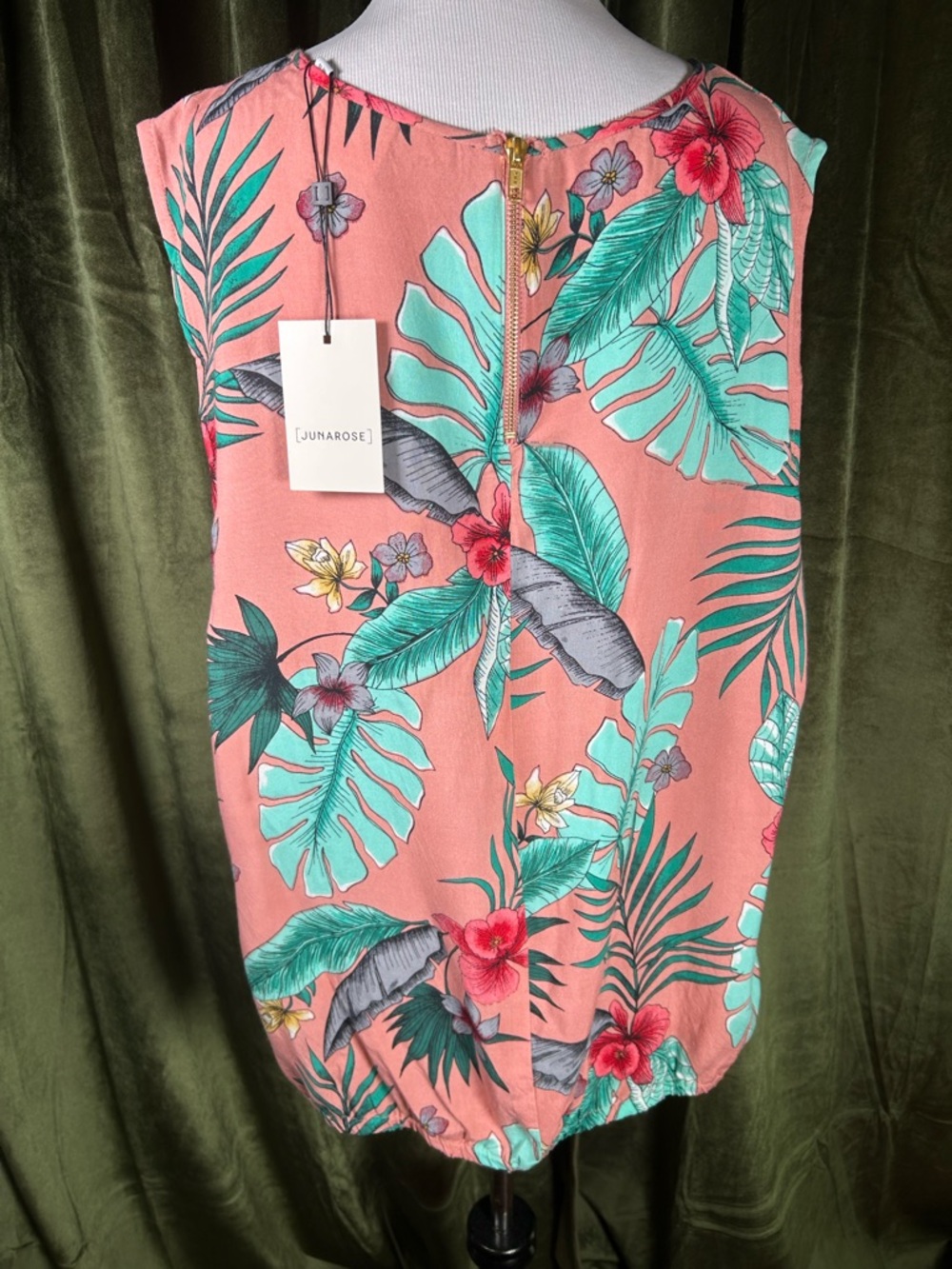 NWT Junarose Coral Floral Zip-Back Tank with Teal Leaves - Picture 6 of 9